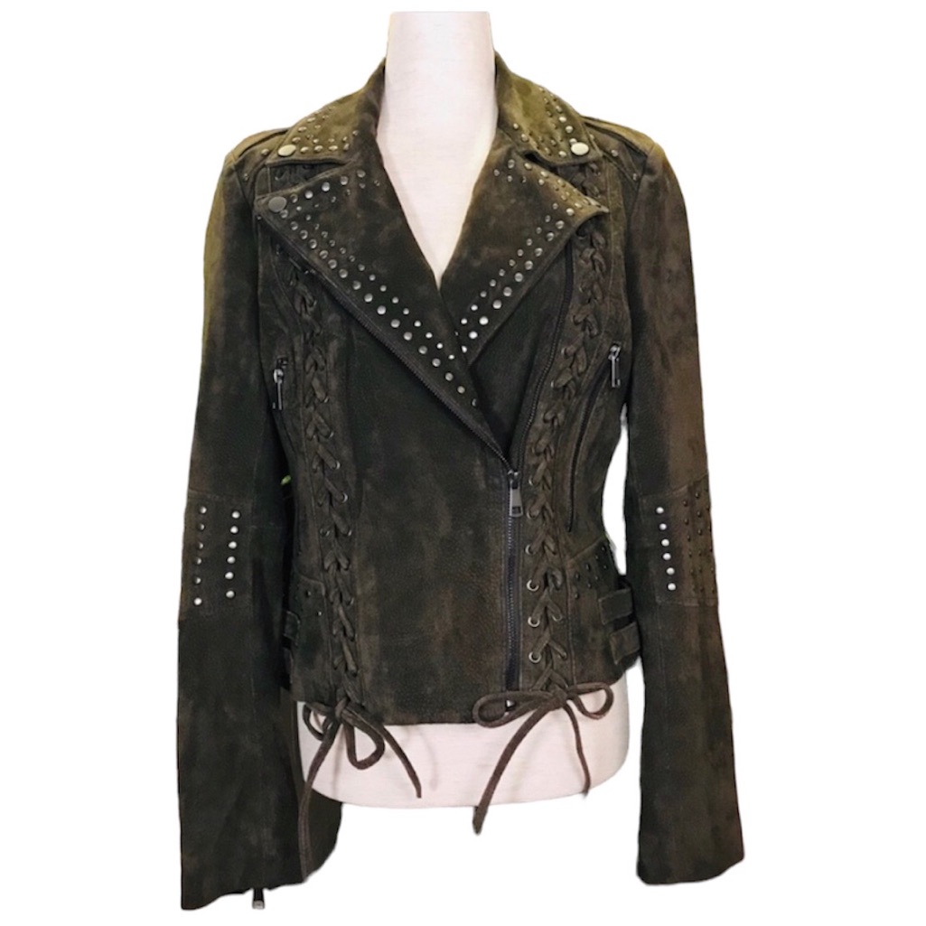 Bagatelle Nyc Dark Olive Green Genuine Suede Studded Moto Biker Jacket